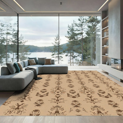 Symmetric Brown Damask Scroll Statement Rug
