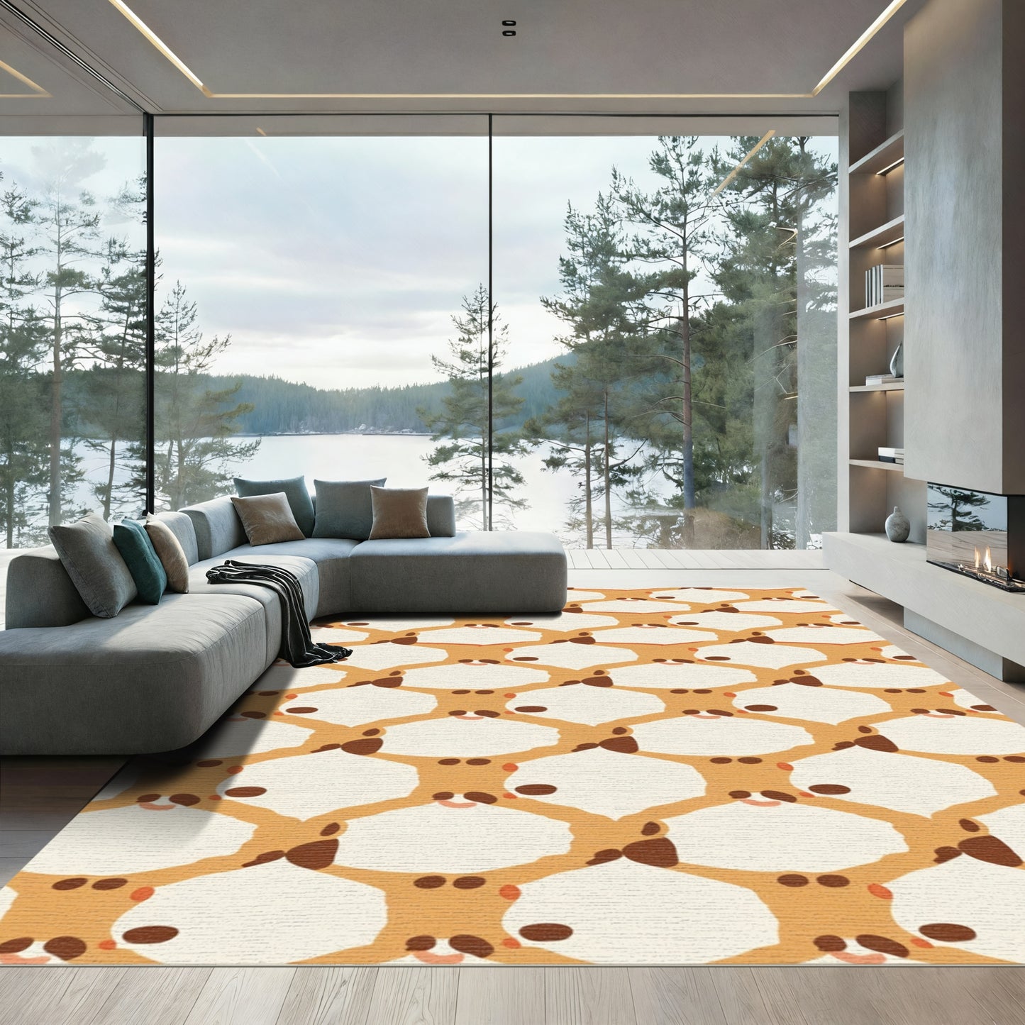 Brown Ochre Abstract Organic Hexagon Rug
