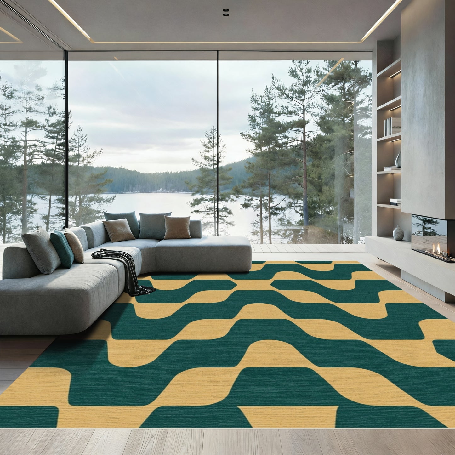 Teal Gold Wave Geometric Rug