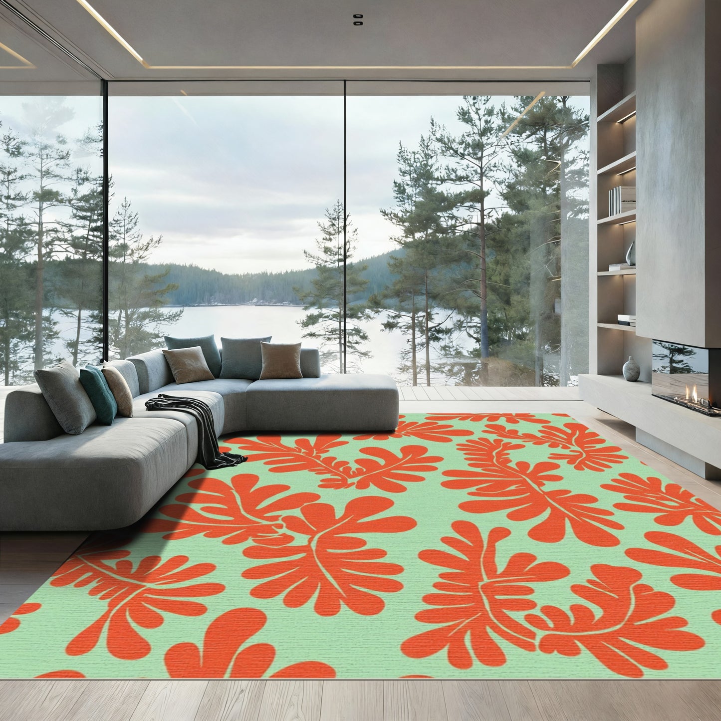 Orange Coral Seafoam Fern Pattern Rug