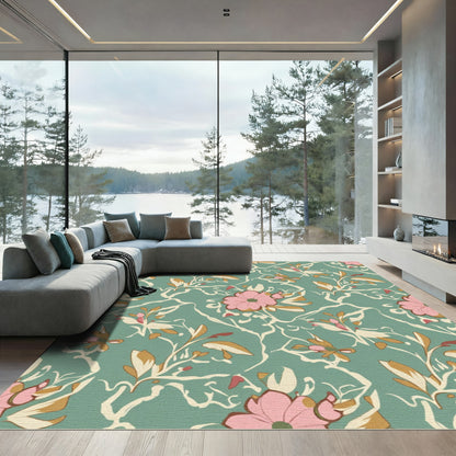 Pink Floral Vine Branches Aquamarine Rug