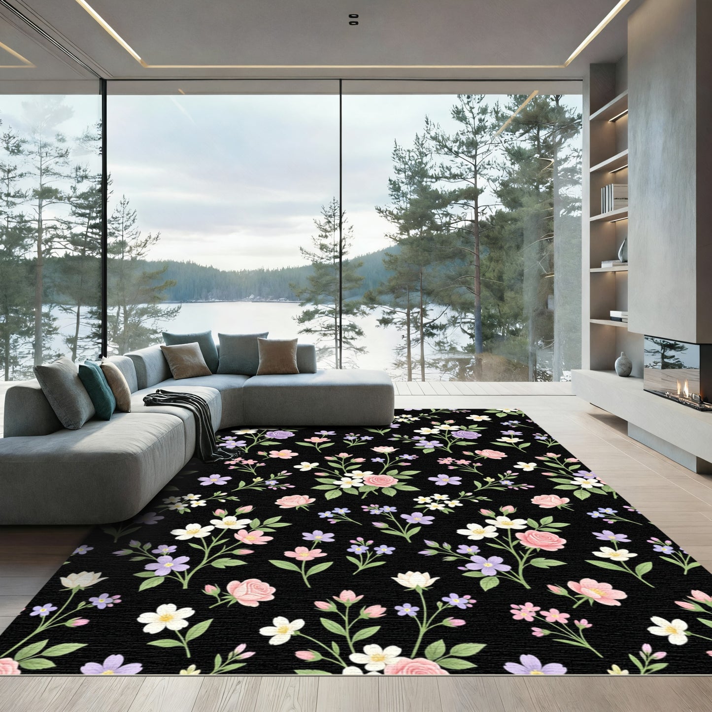Pastel Floral Vines Black Background Rug