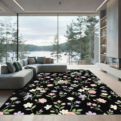 Pastel Floral Vines Black Background Rug