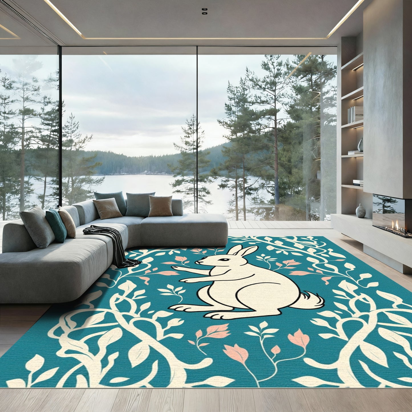Cream Rabbit Teal Botanical Frame Rug