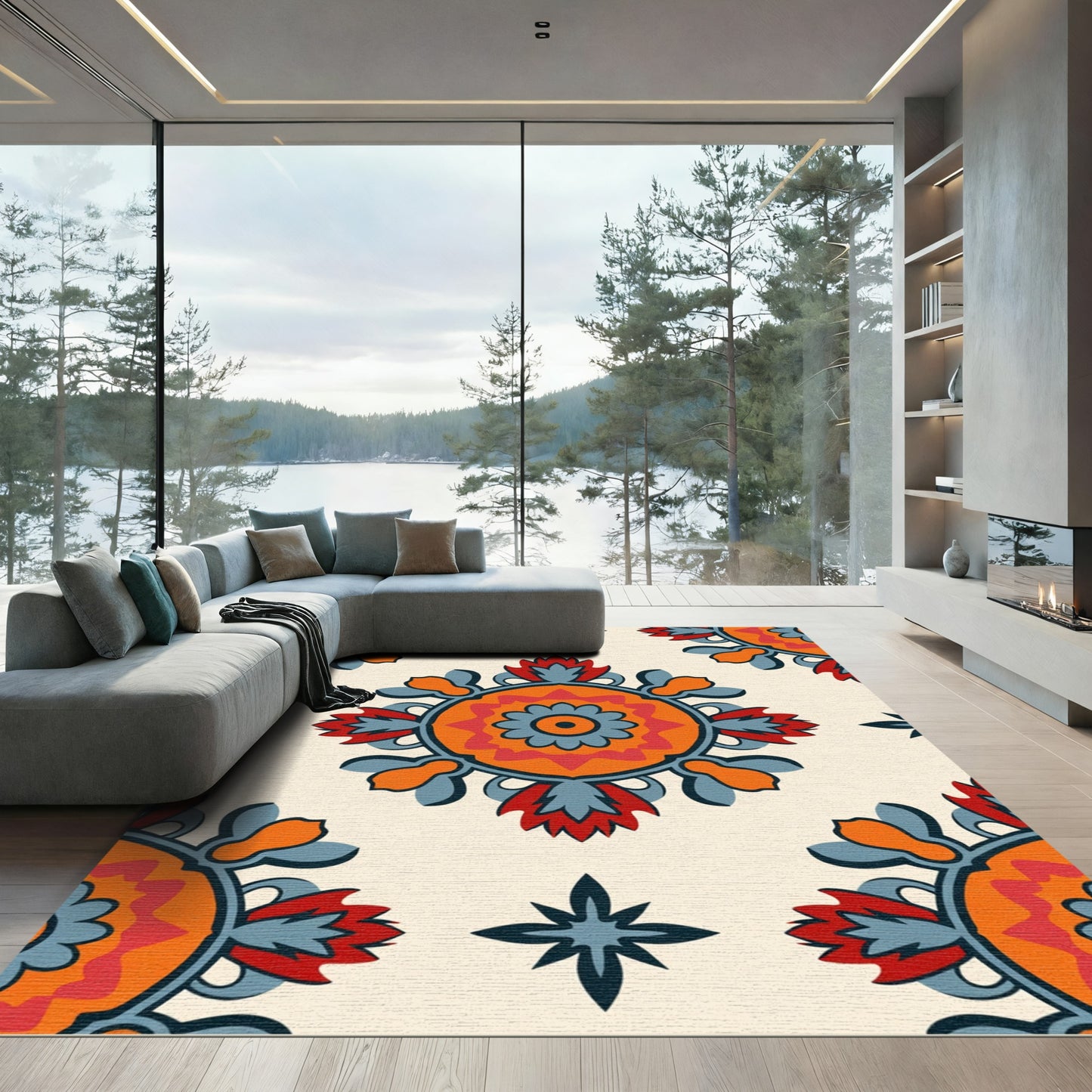 Bright Orange Red Blue Medallion Rug