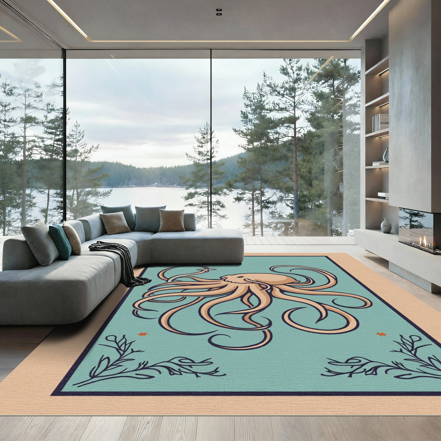 Coastal Light Blue Octopus Nautical Art Rug
