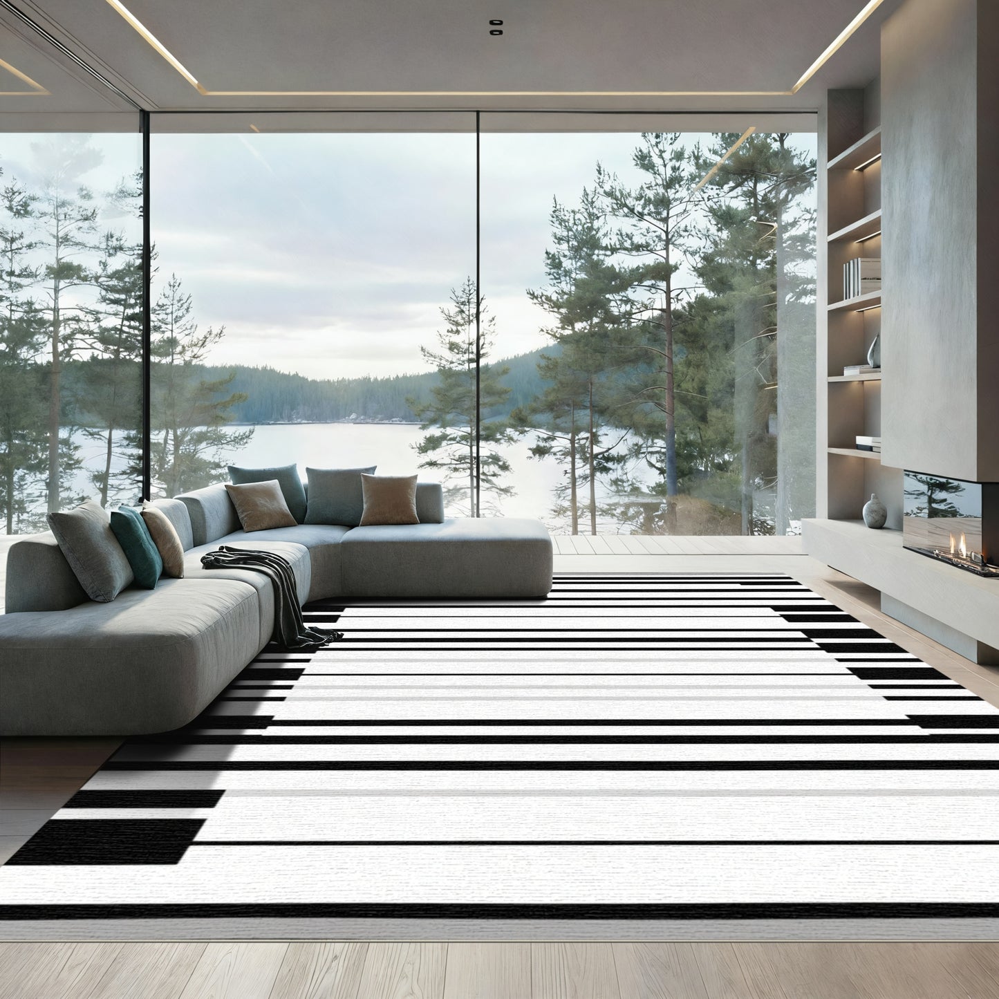 Black White Modern Geometric Stripe Rug