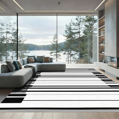 Black White Modern Geometric Stripe Rug