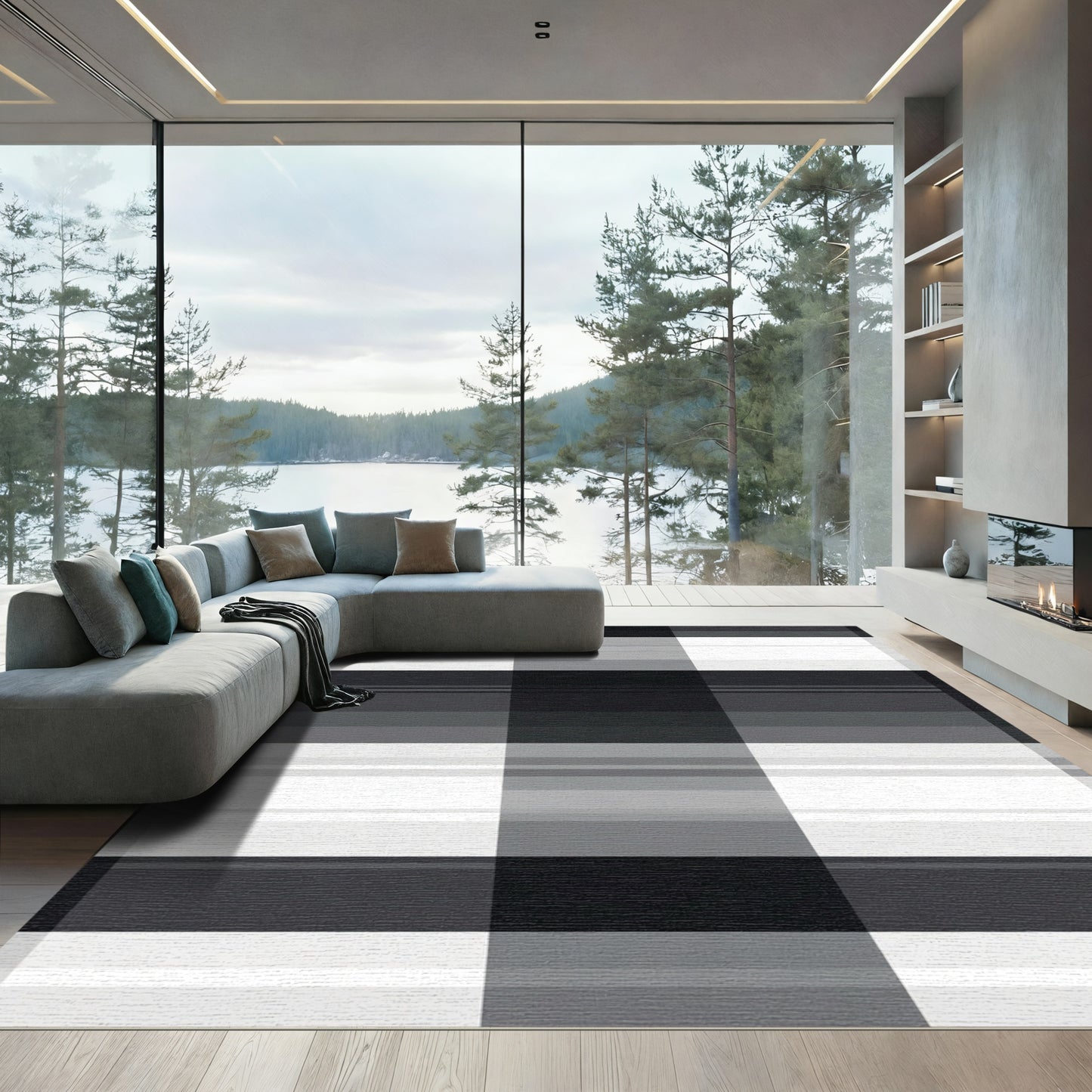 Monochromatic Gray Plaid Square Layer Rug