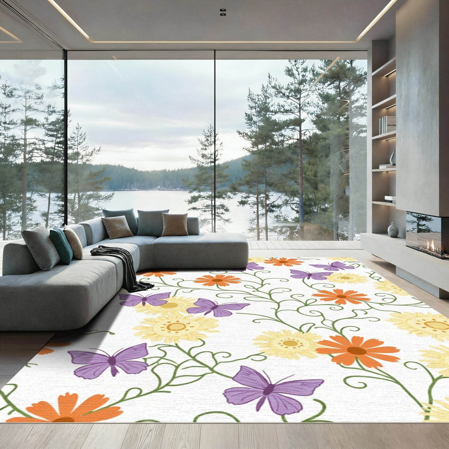 Whimsical Purple Butterfly Orange Blossom Rug