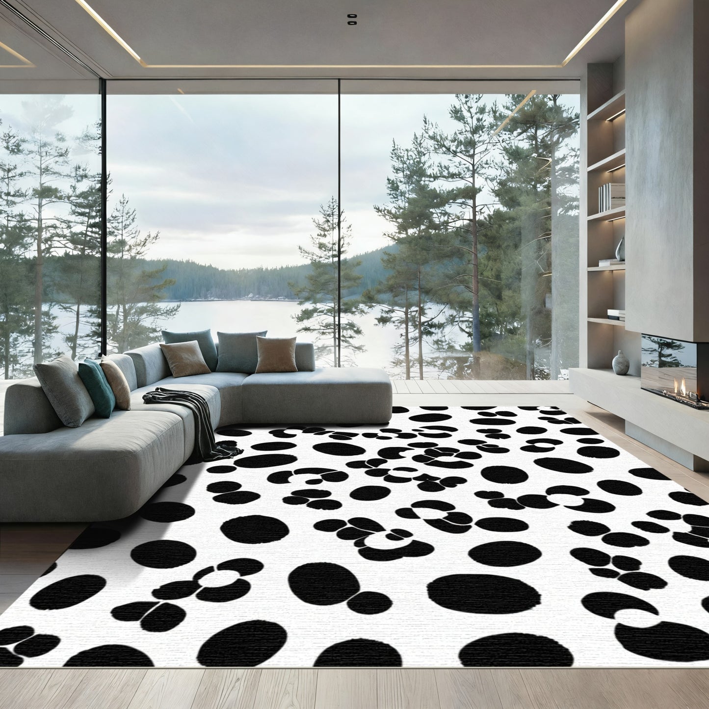 Black White Organic Blossom Scatter Rug
