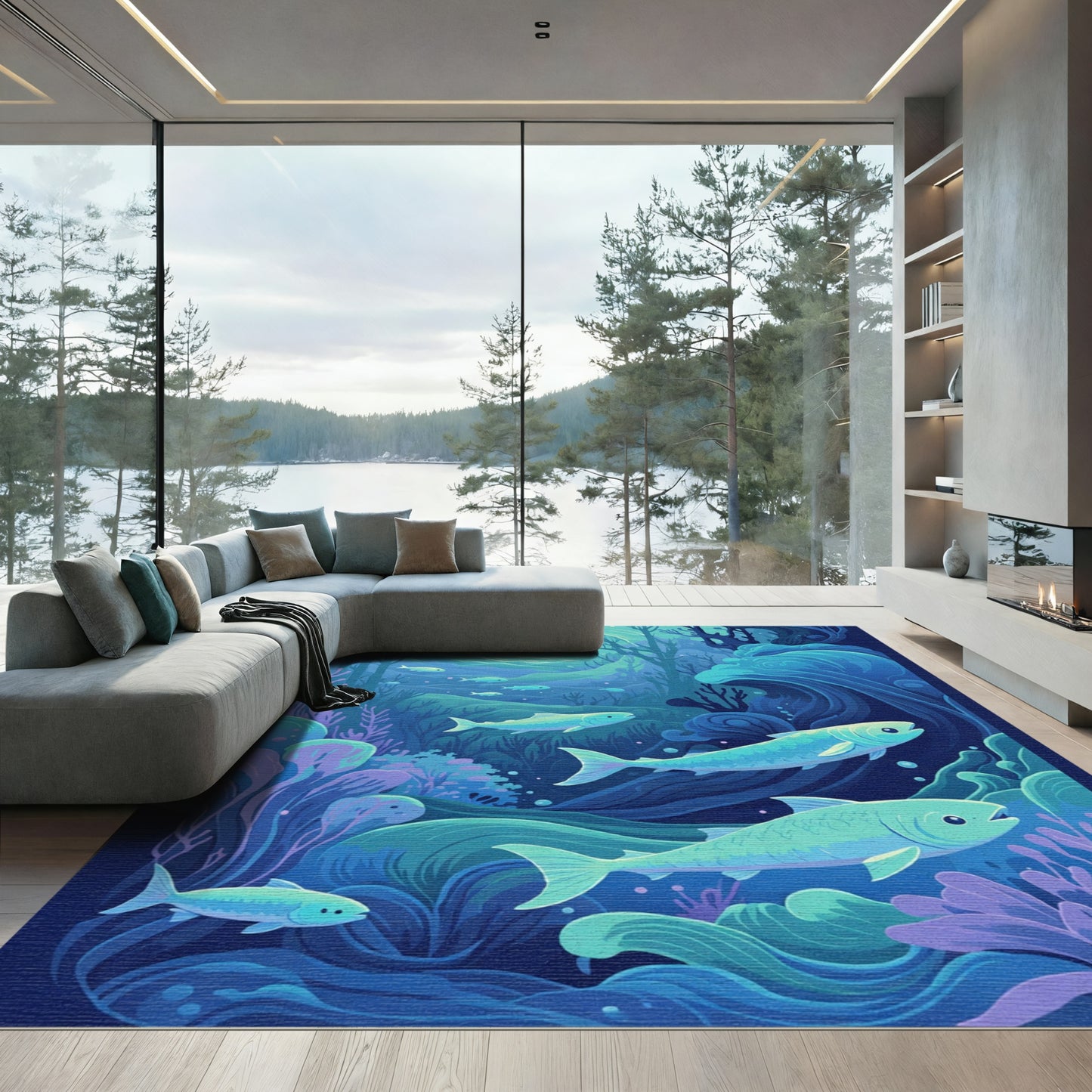 Deep Blue Aquatic Schooling Fish Rug
