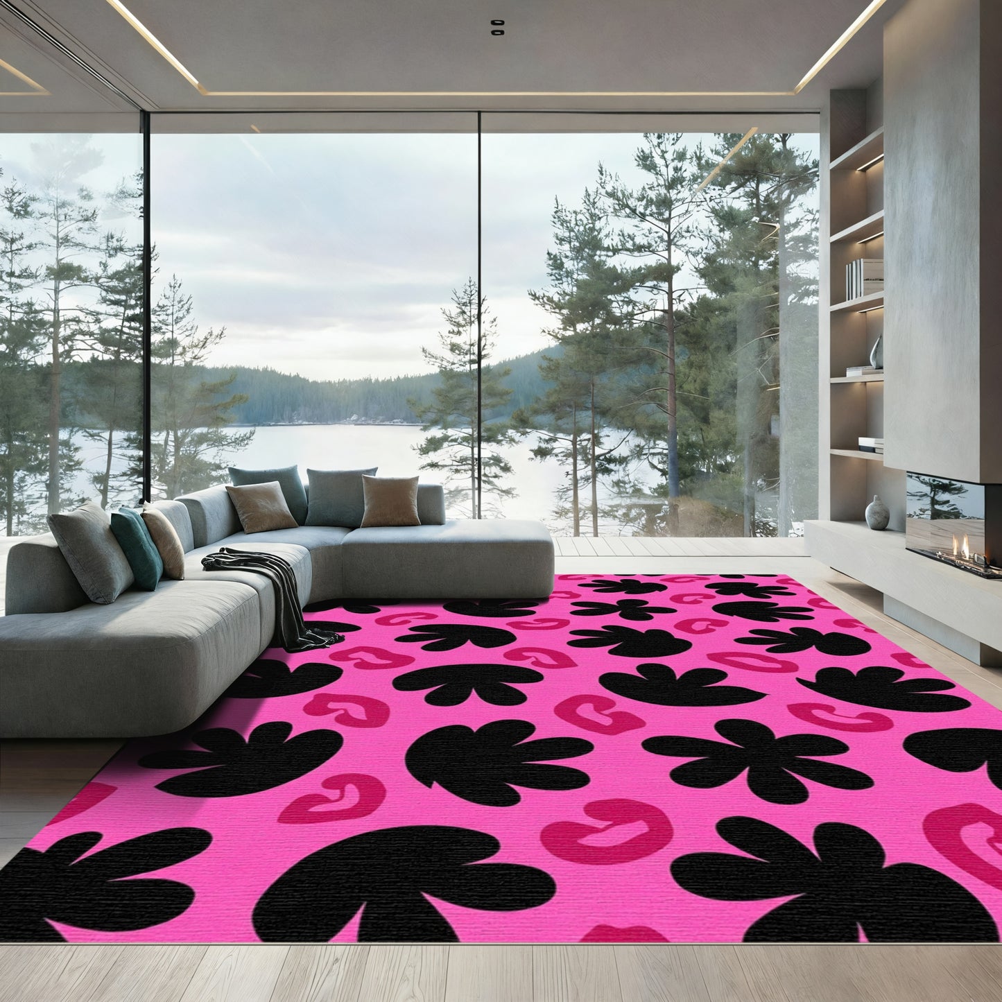 Vivid Pink Abstract Bloom Cluster Rug