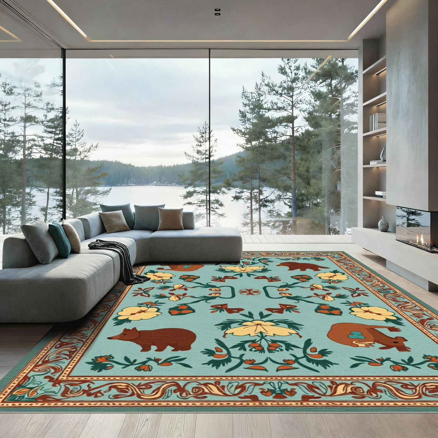 Folk Art Forest Animals Floral Border Rug