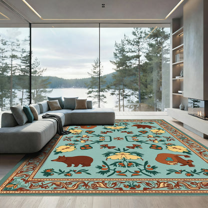 Folk Art Forest Animals Floral Border Rug
