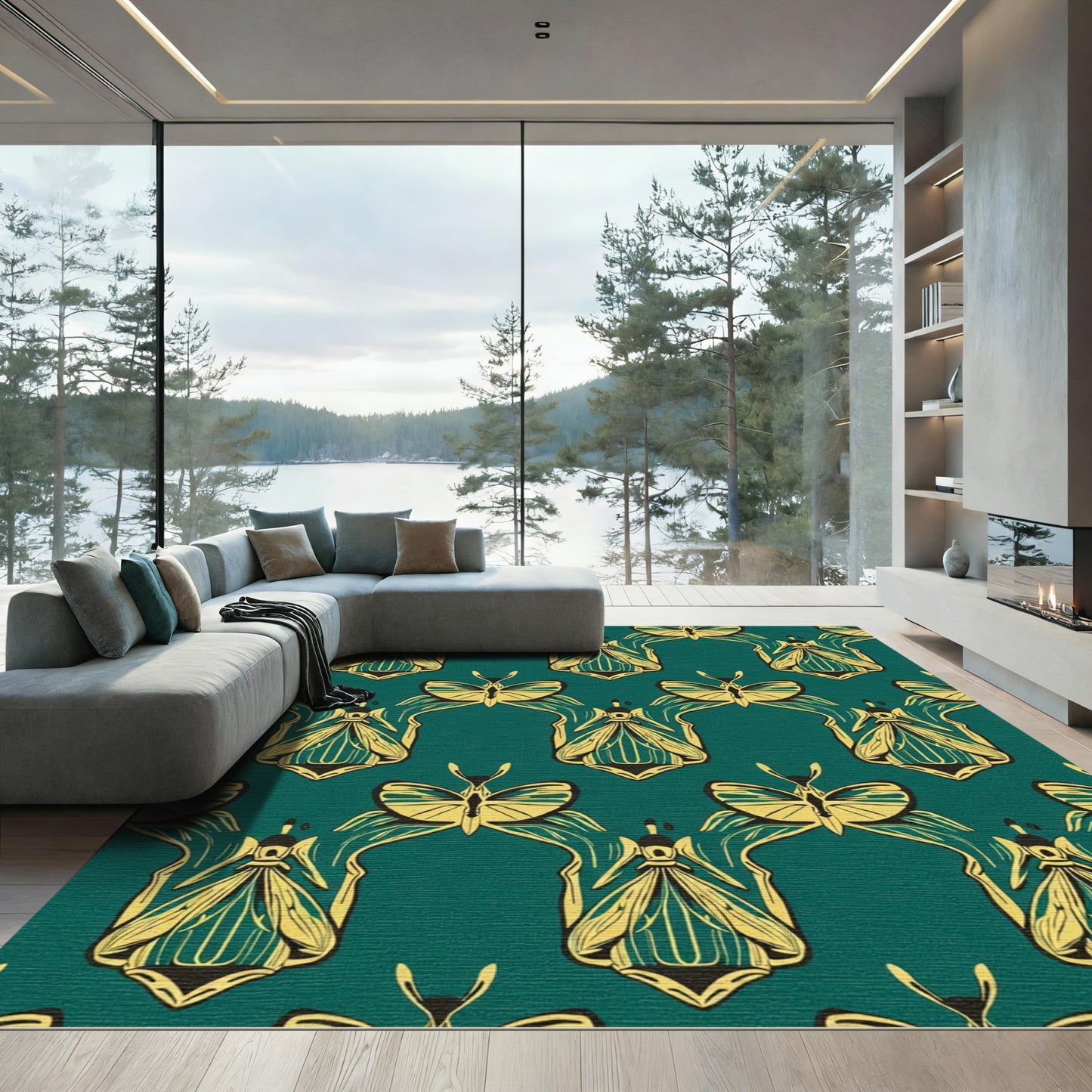 Art Nouveau Teal Gold Butterfly Rug