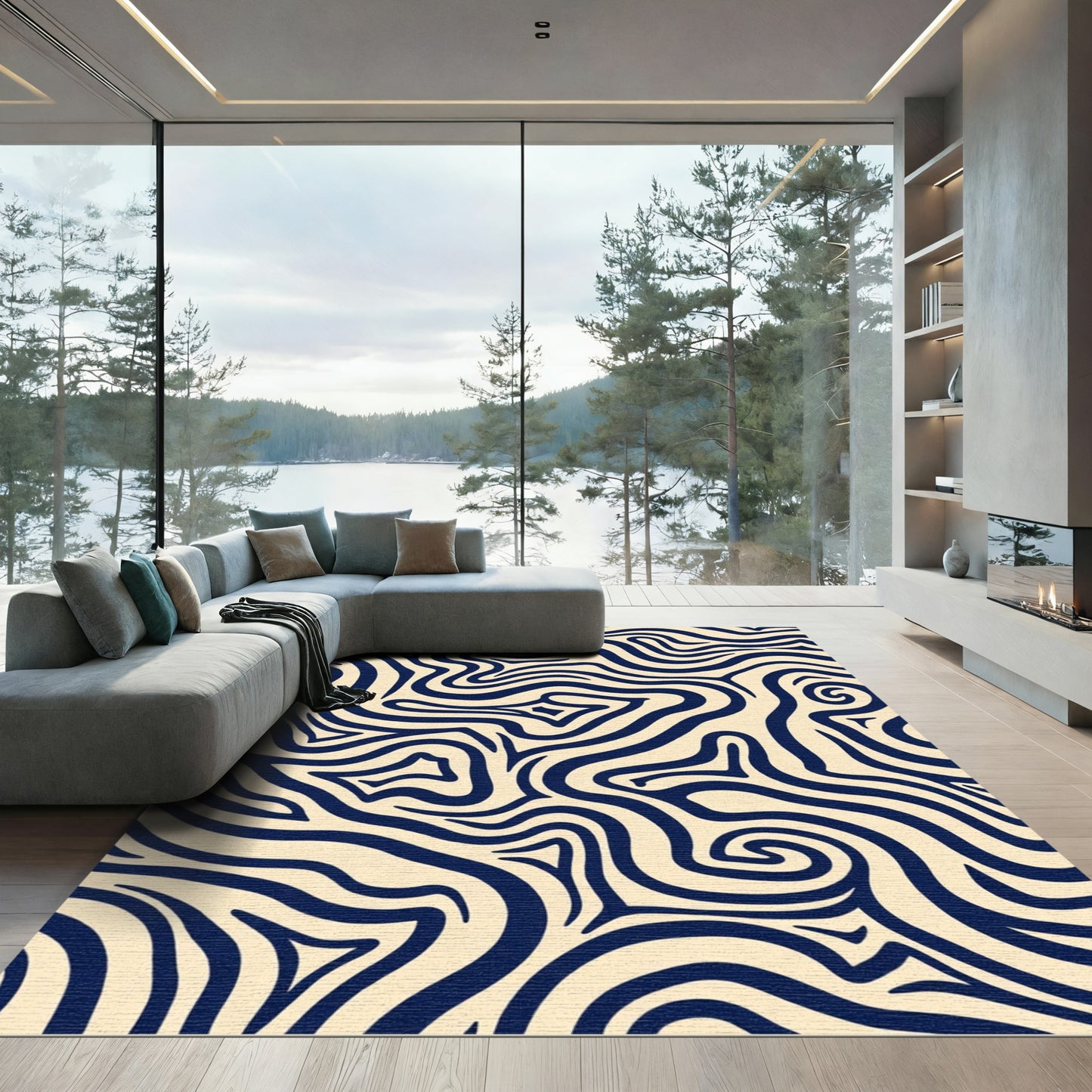 Navy Abstract Curved Lines Rug