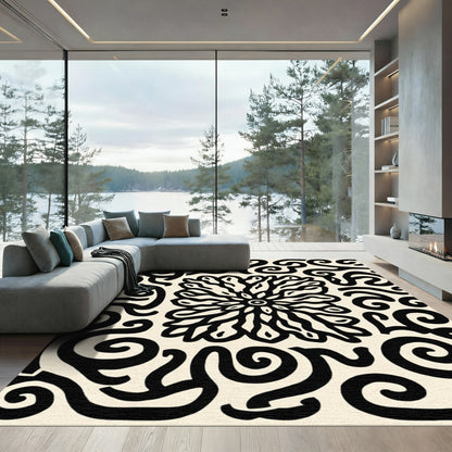 Black White Swirling Abstract Floral Rug