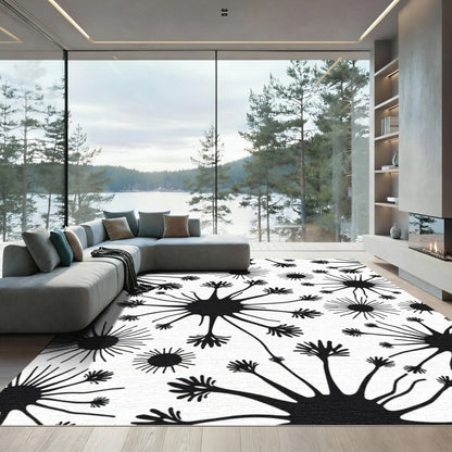 Black White Dandelion Seed Spray Rug