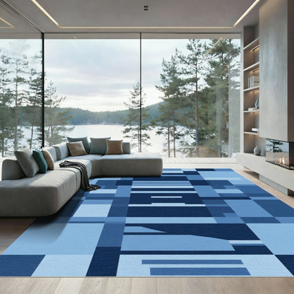 Modern Blue Geometric Abstract Blocks Rug