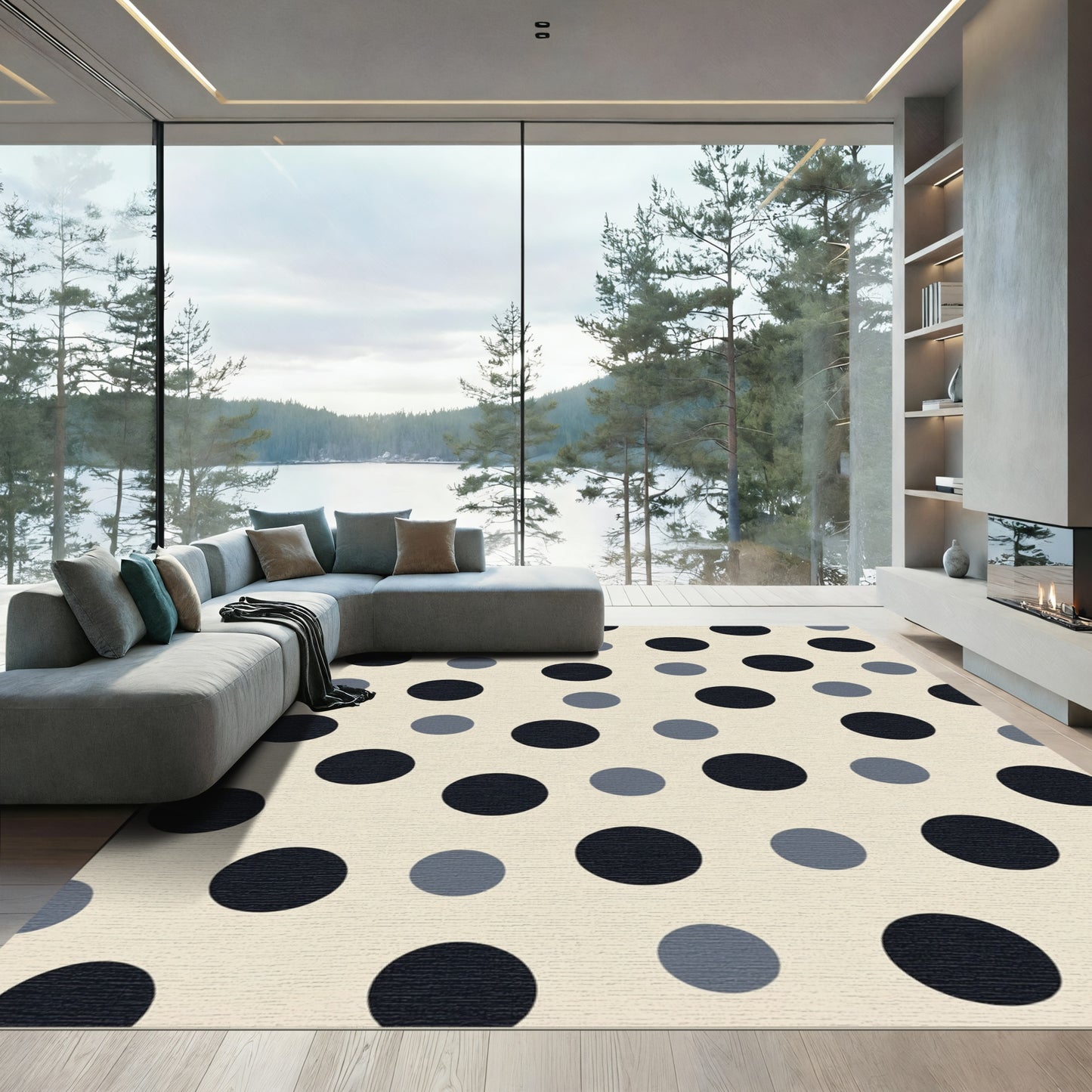 Modern Cream Black Blue Dots Rug