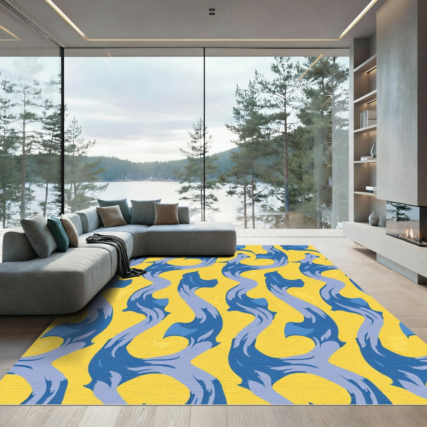 Vibrant Yellow Blue Flowing Curves Rug