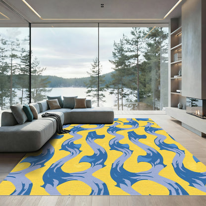 Vibrant Yellow Blue Flowing Curves Rug