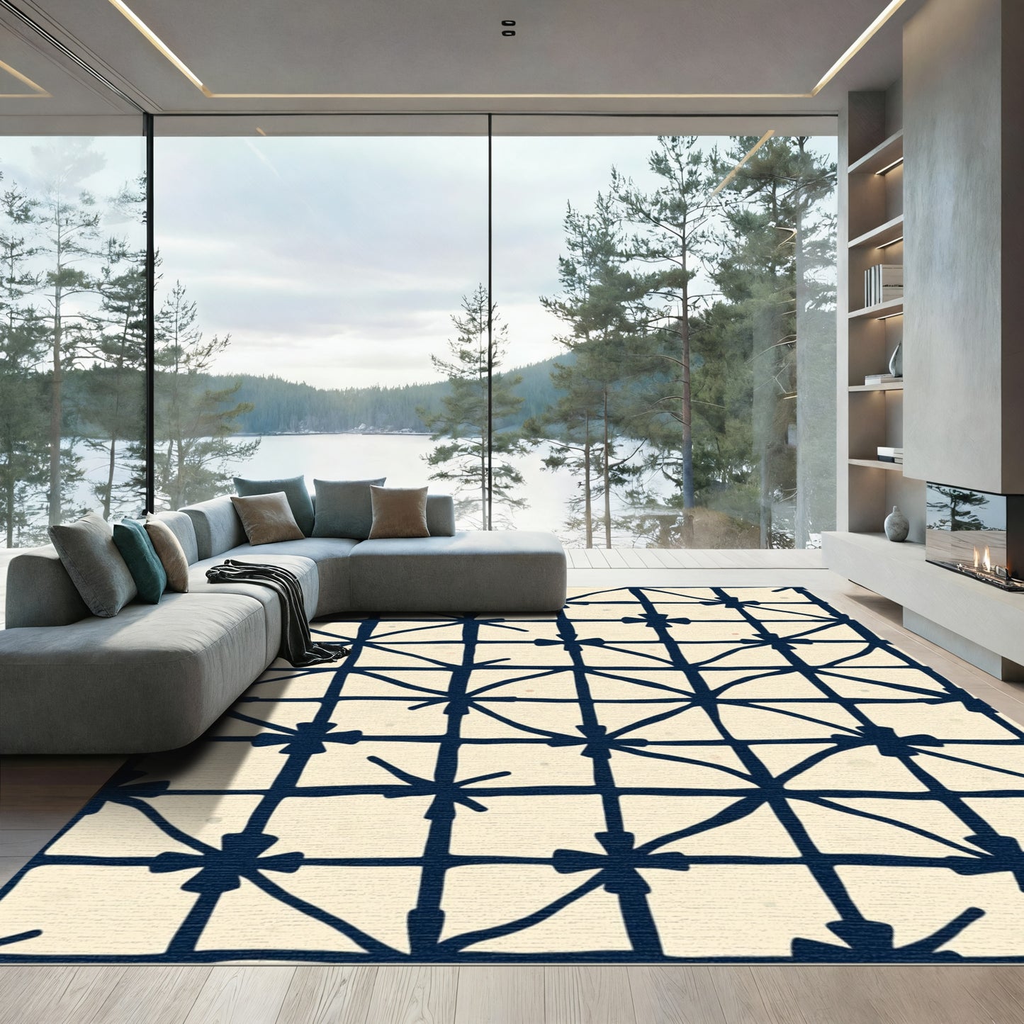 Navy Grid Starburst Textile Rug