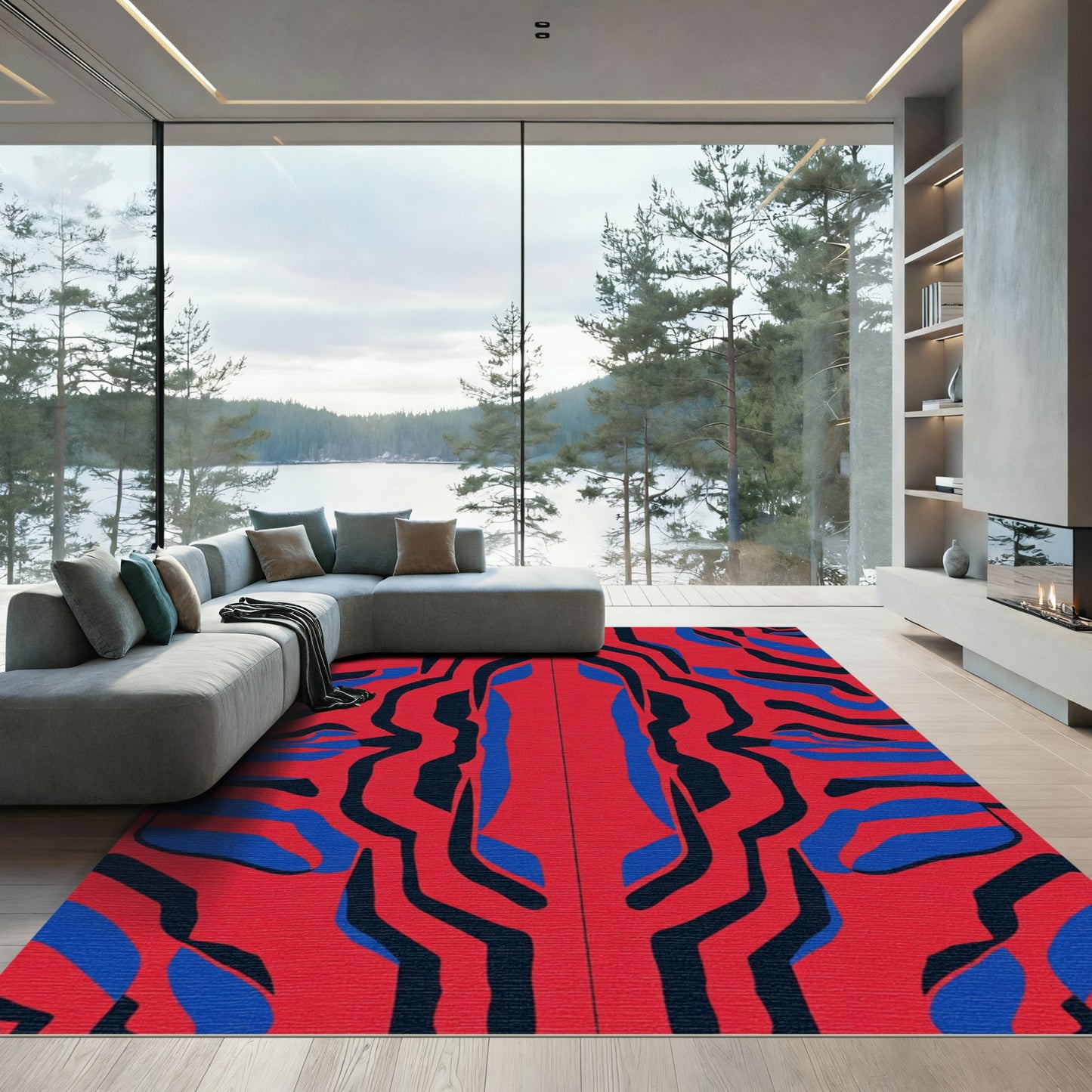 Bold Red Blue Abstract Stripes Rug