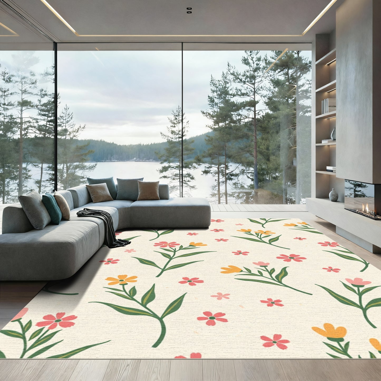 Whimsical Pink Yellow Floral Field Rug