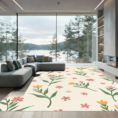 Whimsical Pink Yellow Floral Field Rug