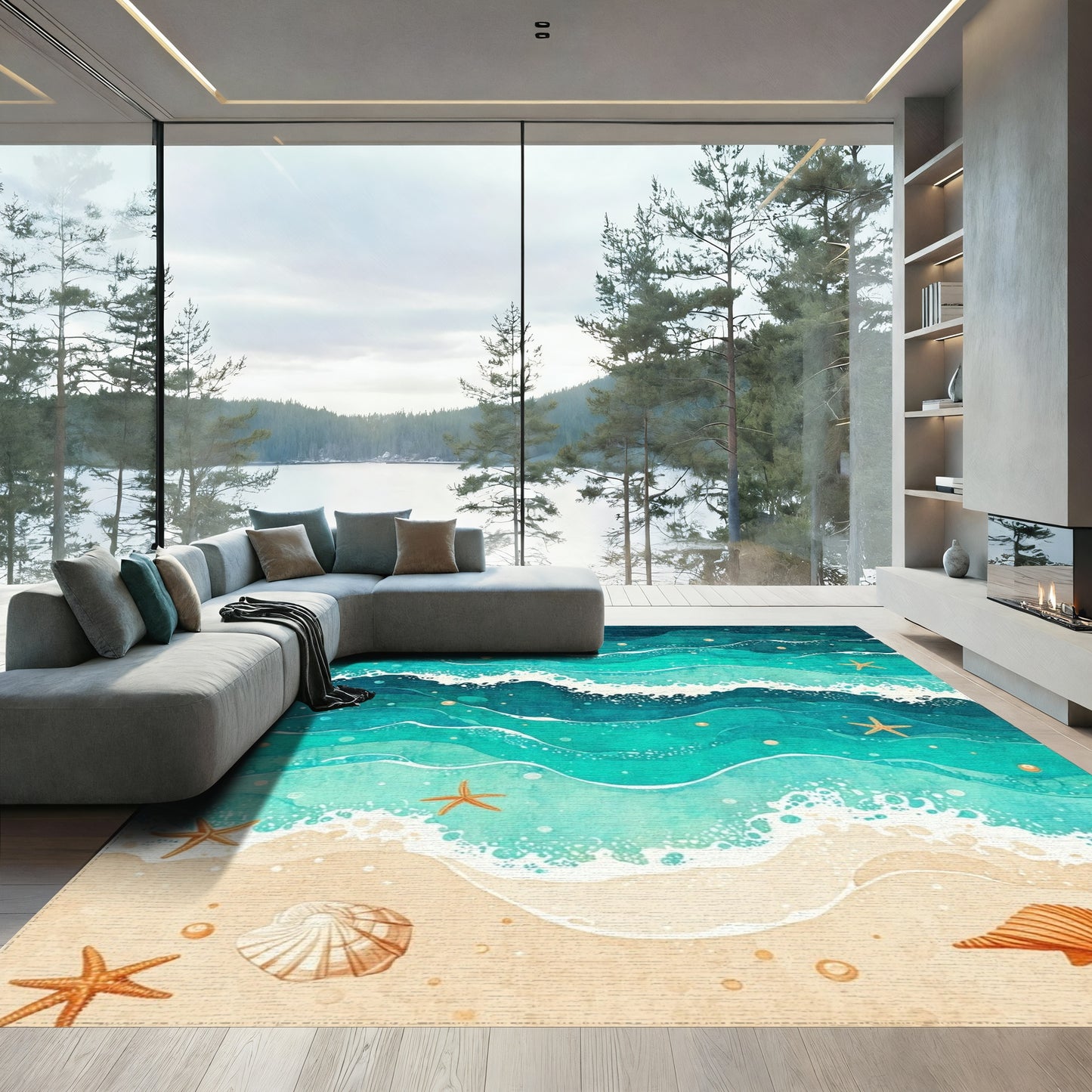Teal Starry Waves Seashell Starfish Rug