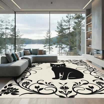 Black Cat Floral Frame Rug