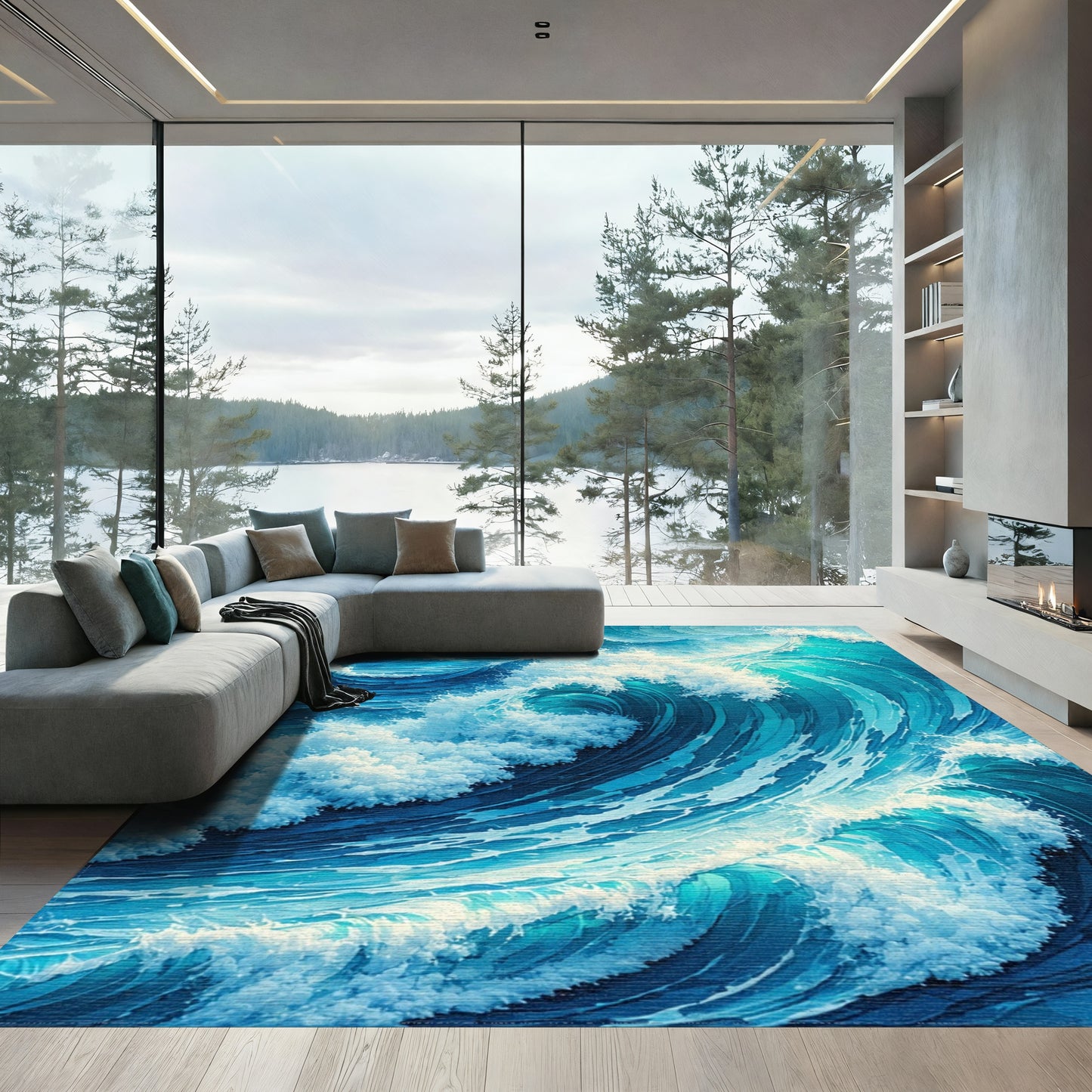 Dynamic Teal Crashing Waves Rug