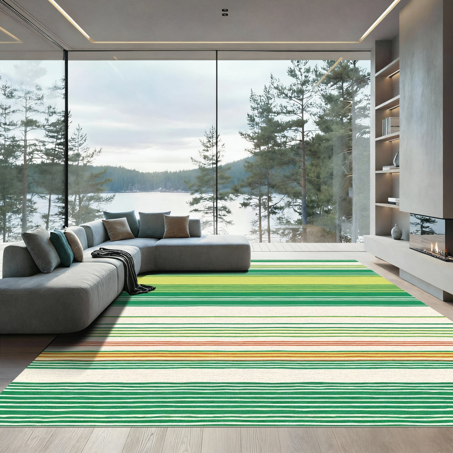 Multi Green White Stripe Accent Band Rug