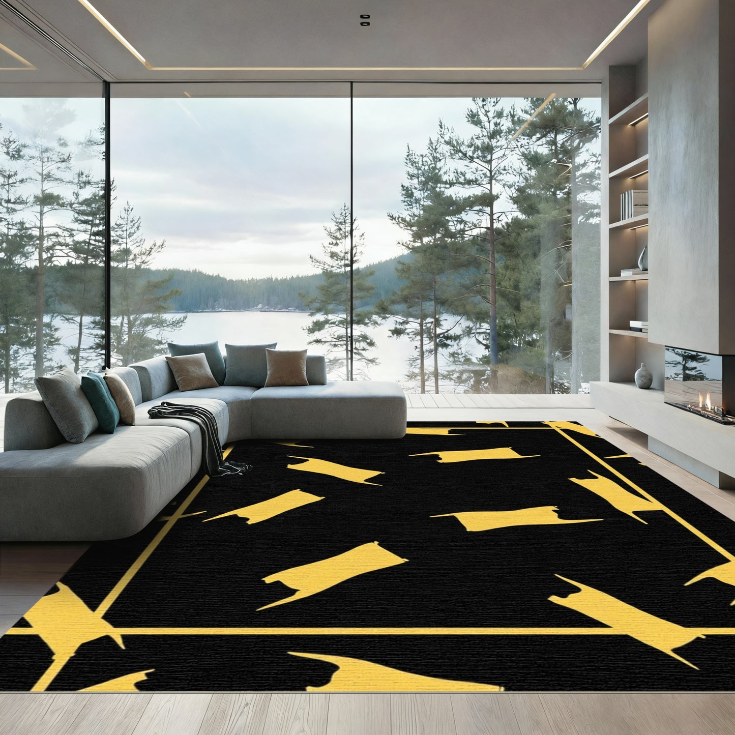 Gold Abstract Forms Black Rug
