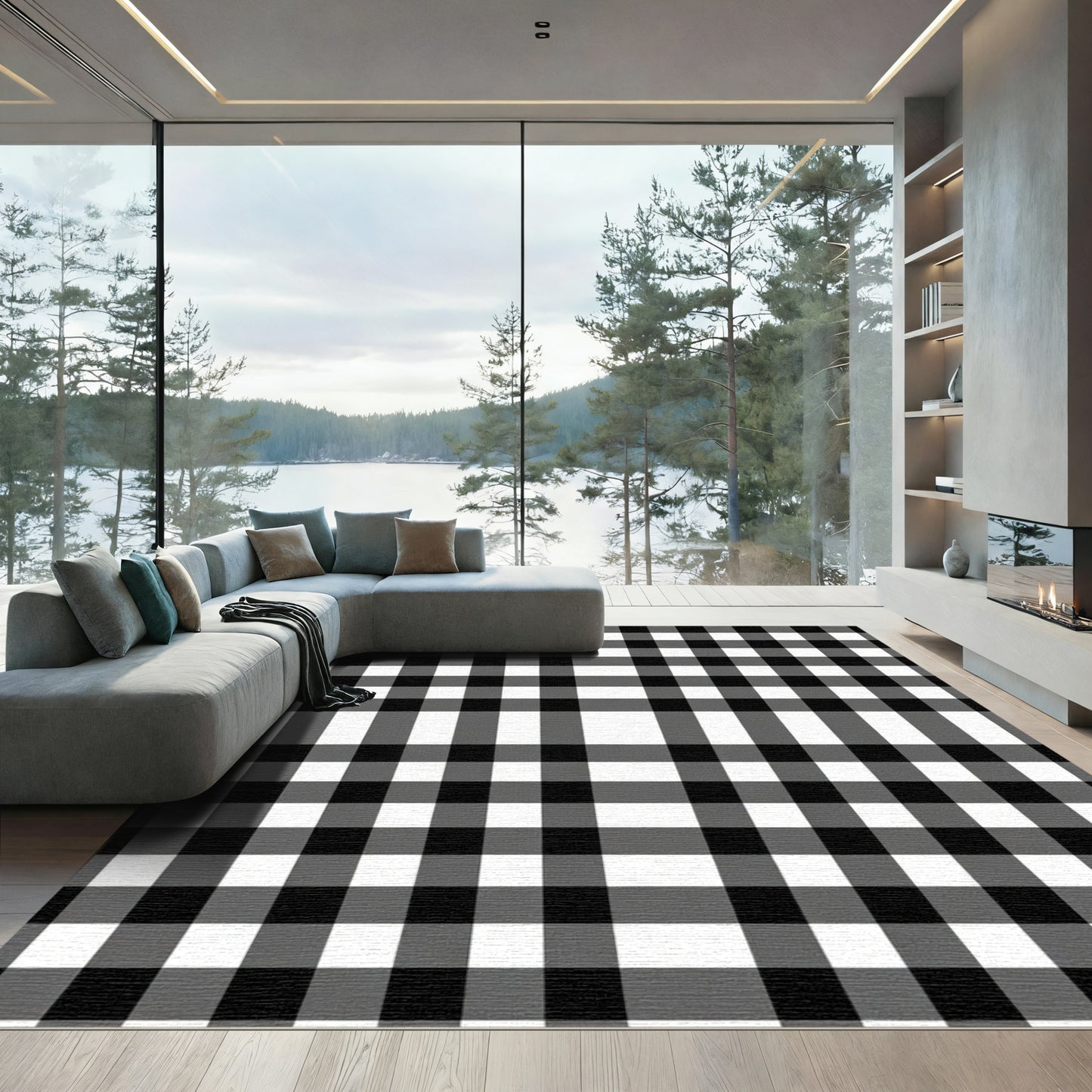 Black White Gingham Plaid Checked Rug