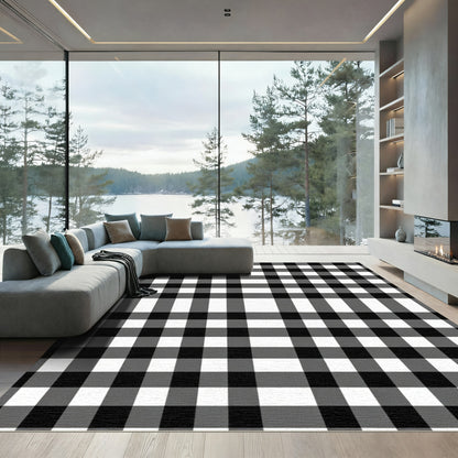 Black White Gingham Plaid Checked Rug