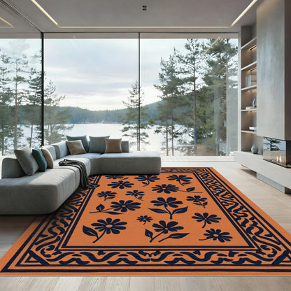 Orange Dark Blue Floral Medallion Rug