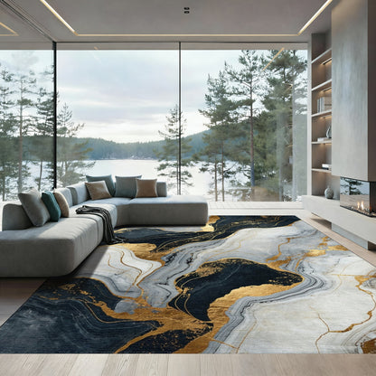 Navy Gray Gold Veined Marble Rug