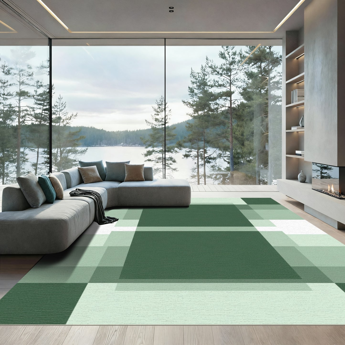 Emerald Green Abstract Block Overlay Rug