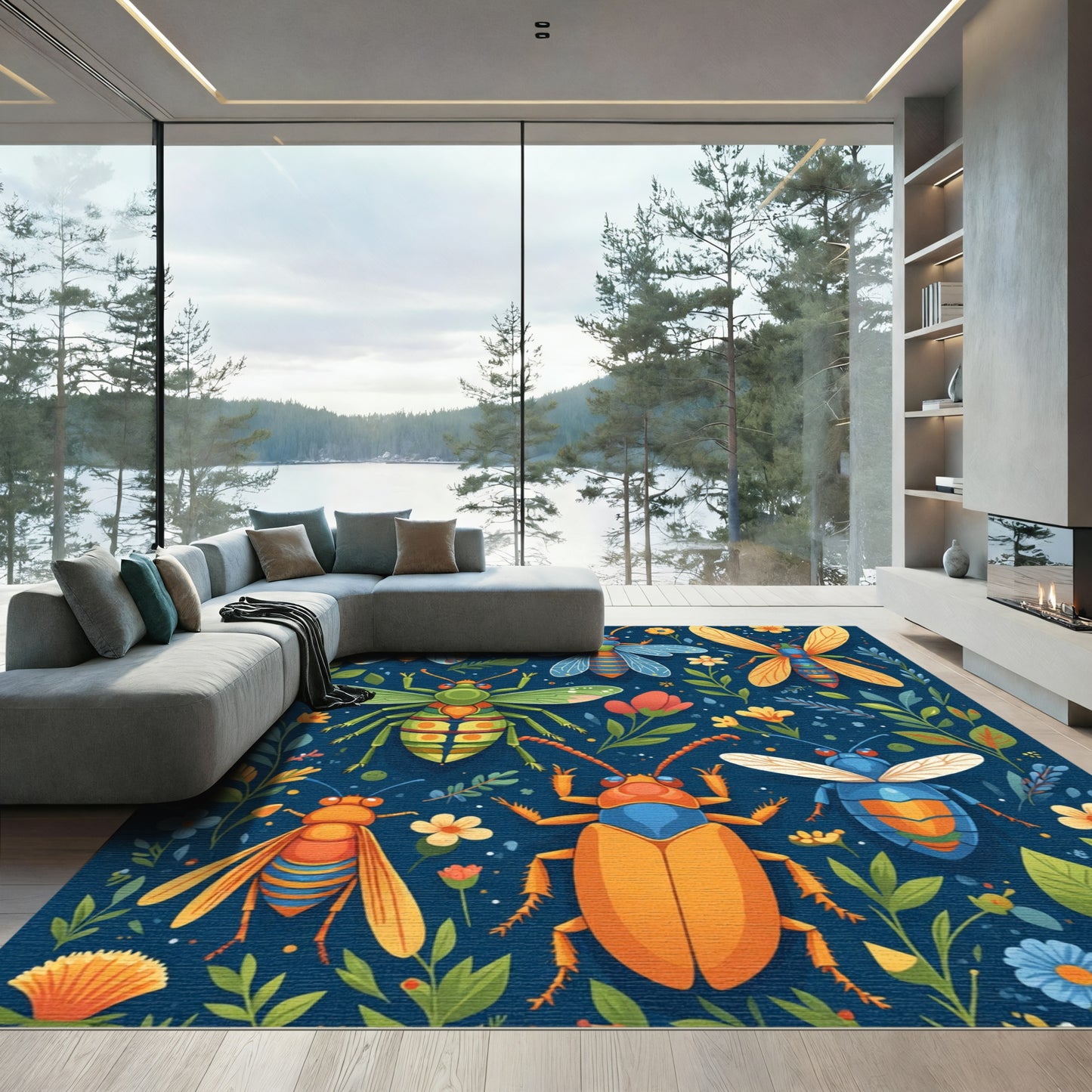 Whimsical Insect Garden Collection Blue Rug