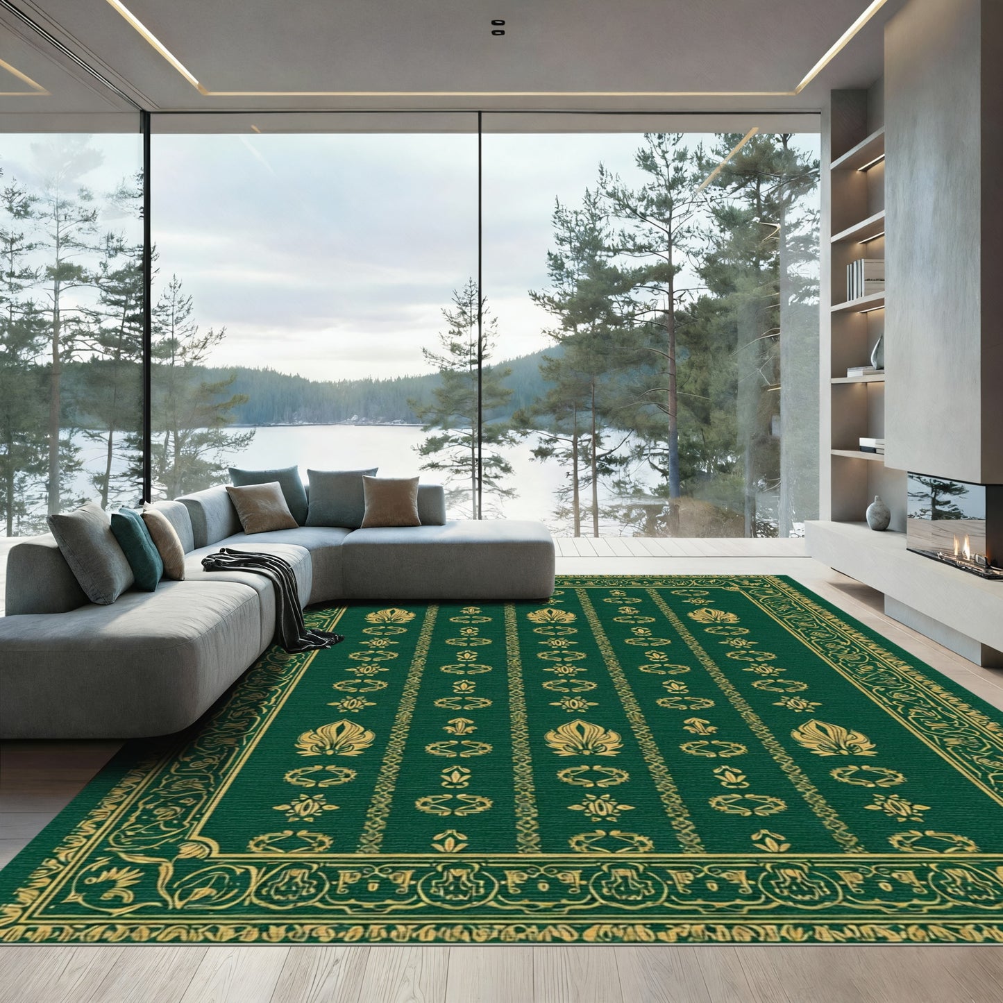 Emerald Gold Ornate Medallion Border Rug