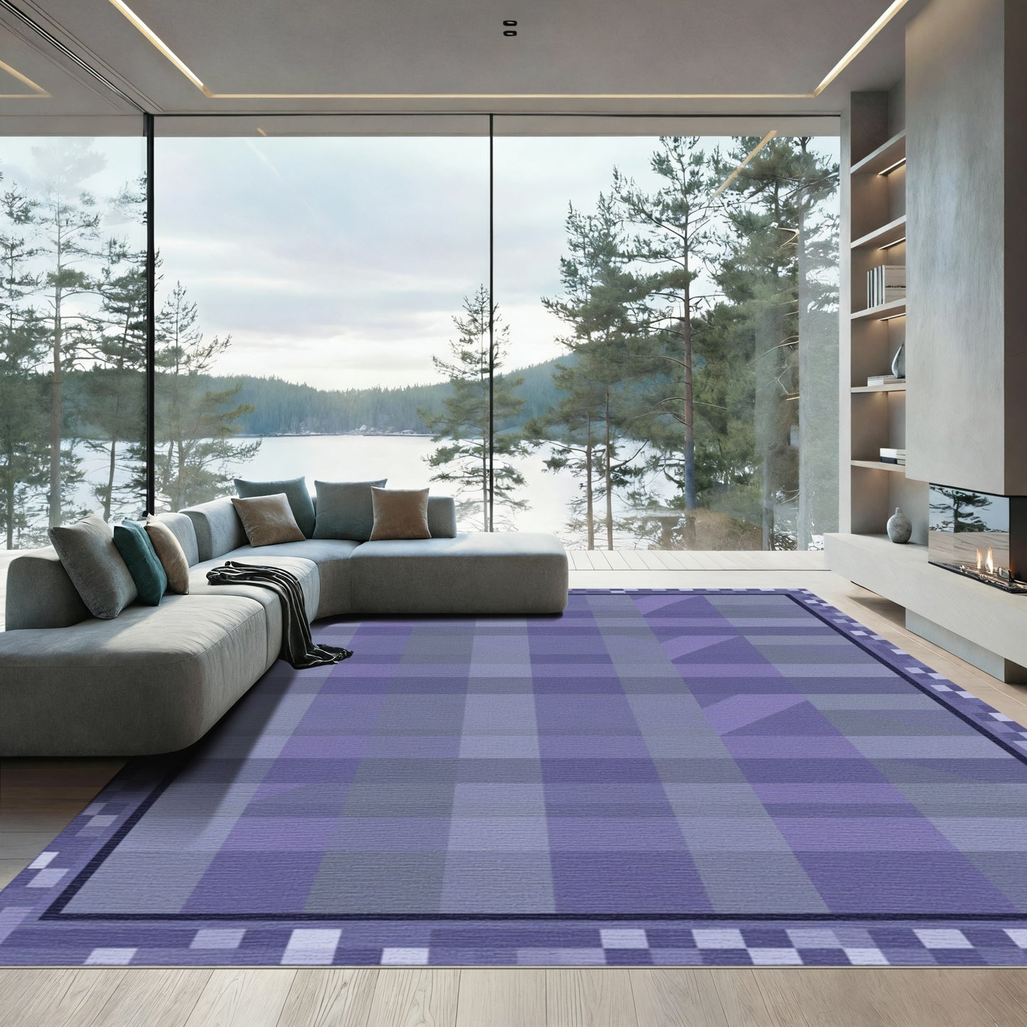 Lavender Pixelated Plaid Geometric Border Rug