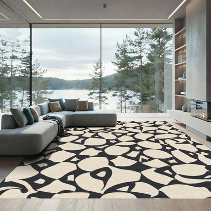 Abstract Cream and Black Organic Shapes Rug
