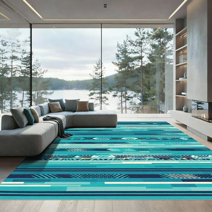Teal Horizontal Geometric Abstract Stripe Rug
