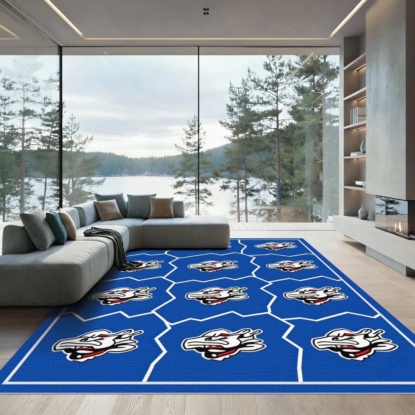 Bold Blue Dragon Head Tile Rug