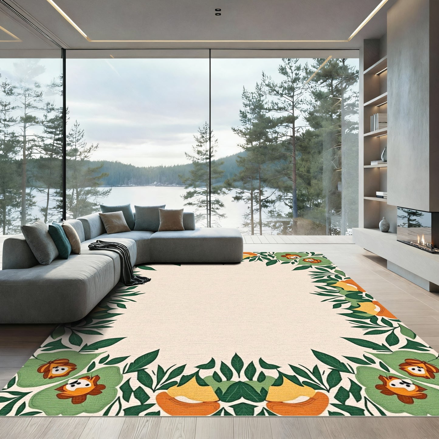 Green Orange Floral Animal Border Rug