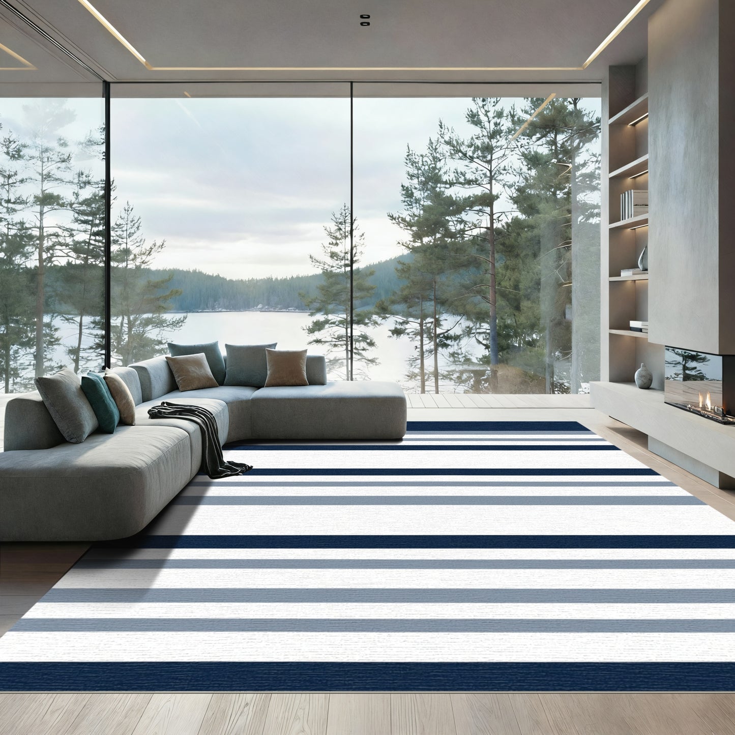 Navy Blue Gray White Horizontal Stripe Rug