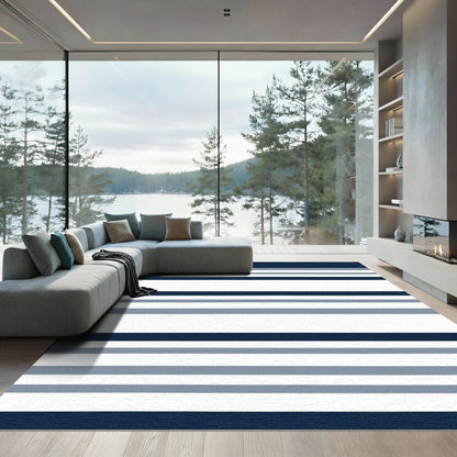 Navy Blue Gray White Horizontal Stripe Rug